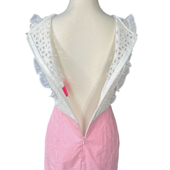 Lilly Pulitzer Maya Seersucker Ruffle Sleeve Eyelet Bodice Pink Striped Size 6 - Picture 5 of 9